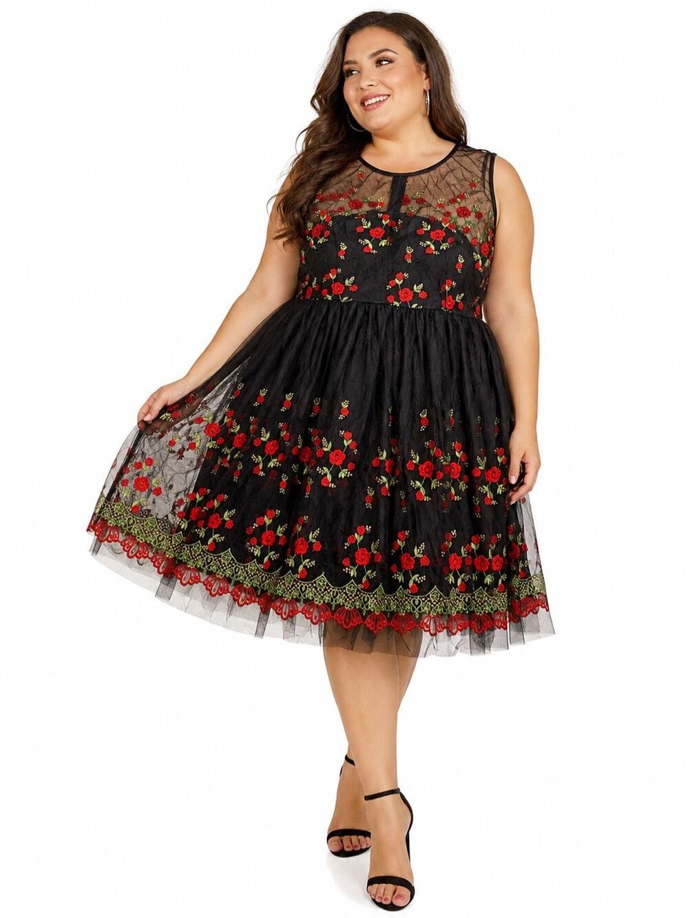 Mystic Los Angeles Black Red Embroidered Tulle Floral Dress Plus Size 4X New